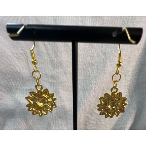 Handmade Shiny Gold Dangly Sunflower Earrings - Picture 4 of 4
